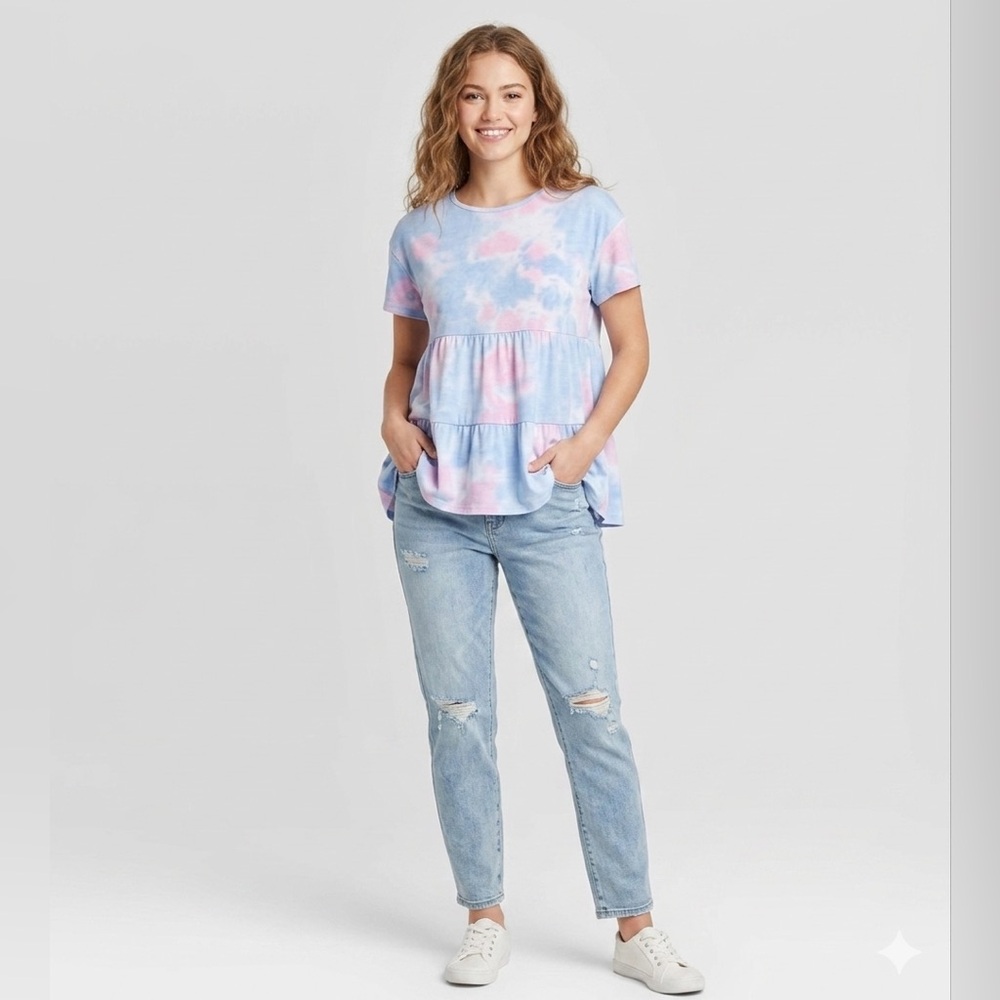 Light Blue Tie-Dye Tiered Tee with Pink Accents